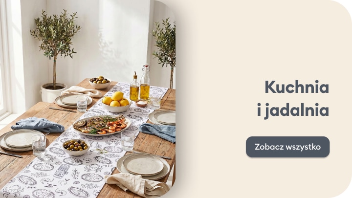 Oferta wyposażenia kuchni i jadalni z dekoracjami stołu i akcesoriami do serwowania posiłków
