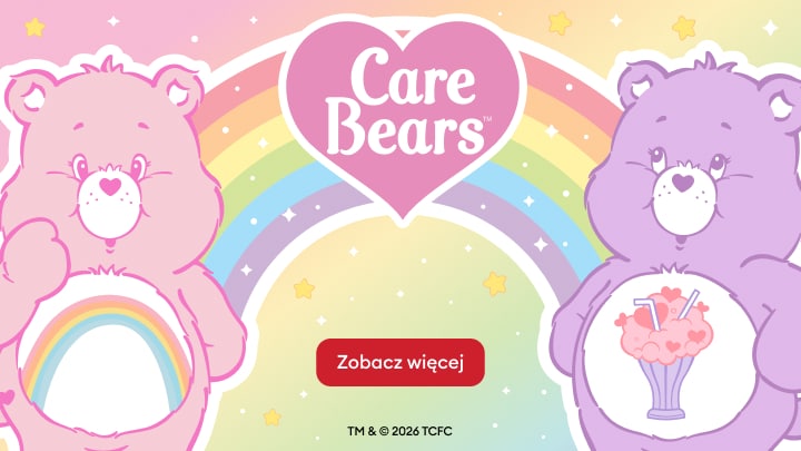 Grafika promująca kolekcję Care Bears z dwoma misiami i motywem tęczy, zachęcająca do zapoznania się z ofertą.