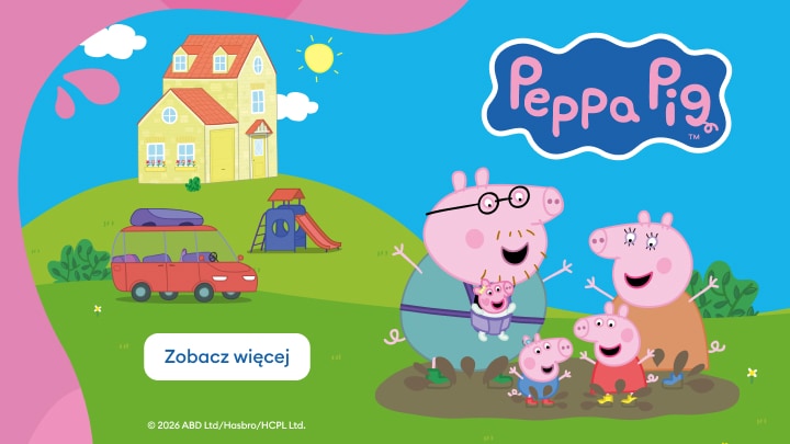 Grafika promująca bajkę Peppa Pig i rodzinne zabawy na świeżym powietrzu dla dzieci